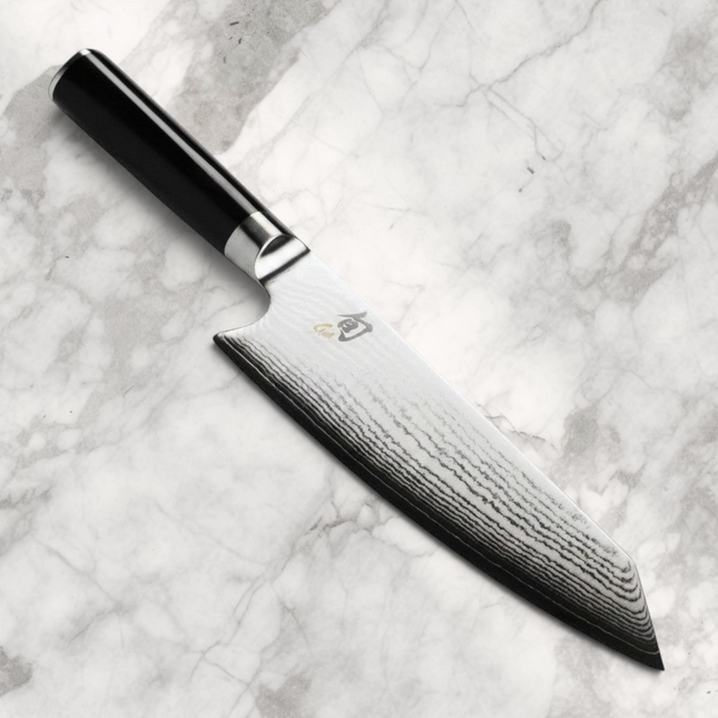 Razor Sharp AZ Shun Classic 8-inch Kiritsuke knife with a Damascus steel blade and black ebony PakkaWood handle.