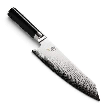 Razor Sharp AZ Shun Classic 8-inch Kiritsuke knife with Damascus steel blade and black D-shaped PakkaWood handle.