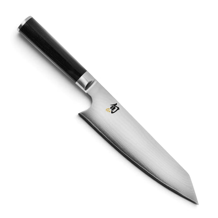 Razor Sharp AZ Shun Classic 8-inch Kiritsuke knife with Damascus steel blade and black ebony PakkaWood handle.