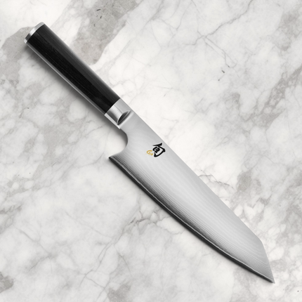 Razor Sharp AZ Shun Classic 8-inch Kiritsuke knife with Damascus steel blade and black ebony PakkaWood handle.