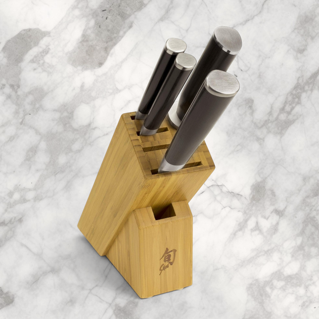 Razor Sharp AZ Shun Classic 5-piece knife set featuring Damascus steel blades and ebony PakkaWood handles in bamboo block
