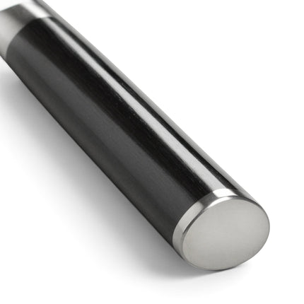 Razor Sharp AZ Shun Classic Kiritsuke knife featuring a smooth, D-shaped black ebony PakkaWood handle with steel end cap