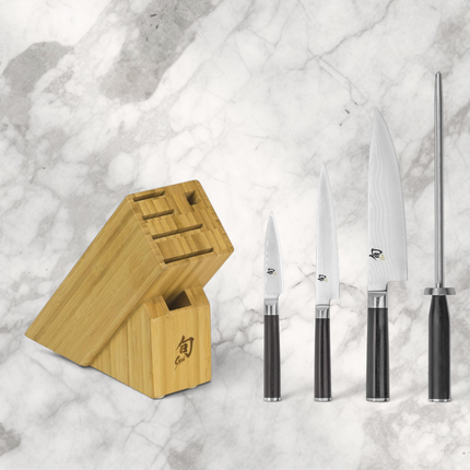 Razor Sharp AZ Shun Classic 5-piece knife set featuring Damascus steel blades, PakkaWood handles, and bamboo block.