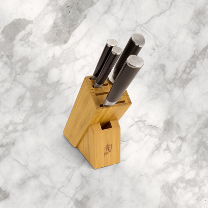 Razor Sharp AZ Shun Classic 5-piece knife set with Damascus steel blades and ebony PakkaWood handles in bamboo block
