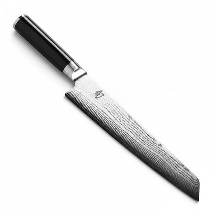 Razor Sharp AZ Shun Classic 9-inch master prep knife with Damascus steel blade and black D-shaped PakkaWood handle.