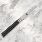 Razor Sharp AZ Shun Classic 3.5-inch paring knife with Damascus steel blade and black ebony PakkaWood D-shaped handle.
