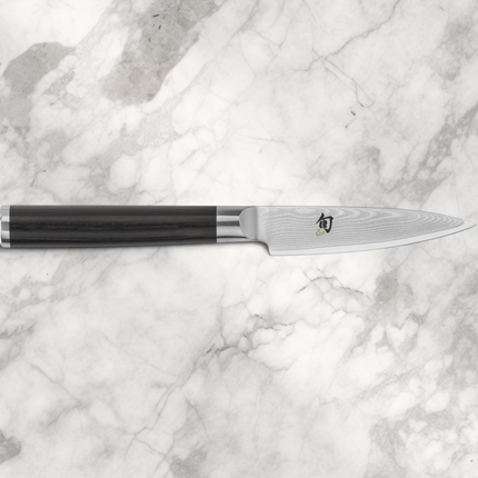 Razor Sharp AZ Shun Classic 3.5-inch paring knife with Damascus steel blade and black ebony PakkaWood handle