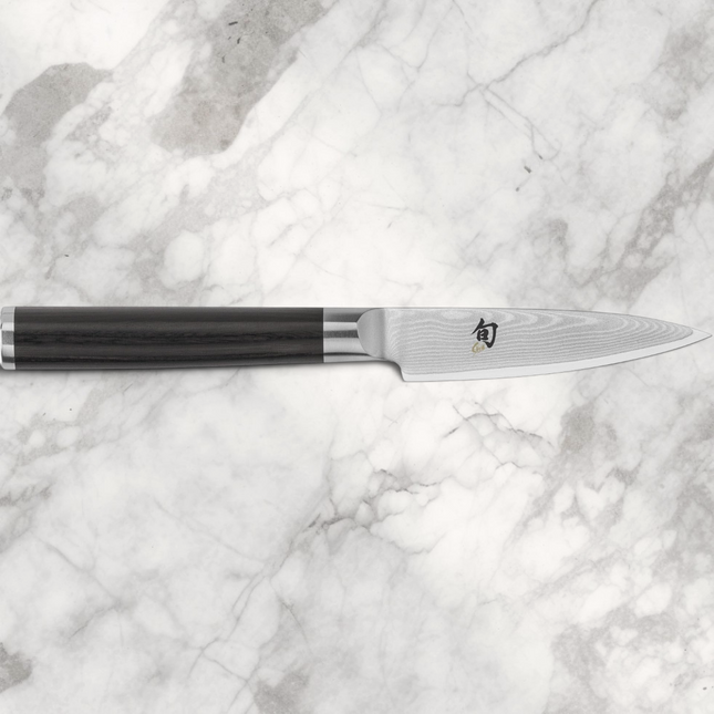 Razor Sharp AZ Shun Classic 3.5-inch paring knife with Damascus steel blade and black ebony PakkaWood handle