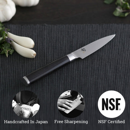 Razor Sharp AZ Shun Classic 3.5-inch paring knife with Damascus steel blade and black ebony PakkaWood handle.
