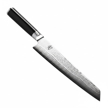 Razor Sharp AZ Shun Classic 9" Master Prep Knife with Damascus blade and black PakkaWood handle. Precision tip and curved edge.