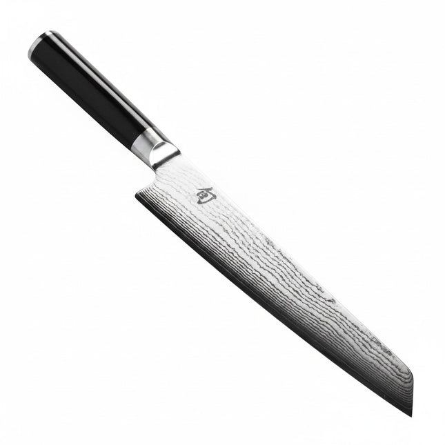 Razor Sharp AZ Shun Classic 9" Master Prep Knife with Damascus blade and black PakkaWood handle. Precision tip and curved edge.
