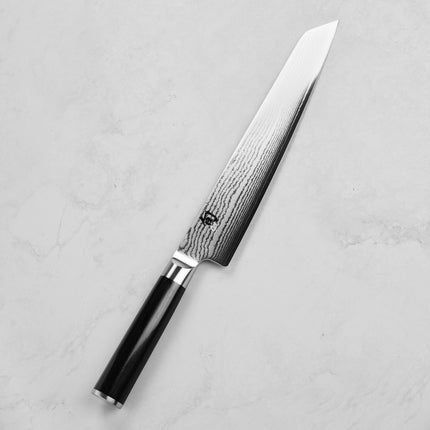 Razor Sharp AZ Shun Classic 9" Master Prep Knife with Damascus blade and ebony PakkaWood handle. Kiritsuke style tip.