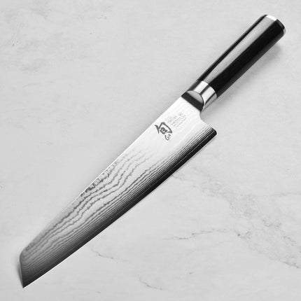 Razor Sharp AZ Shun Classic 9" Master Prep Knife with Damascus blade and ebony PakkaWood handle. Japanese double-bevel blade.