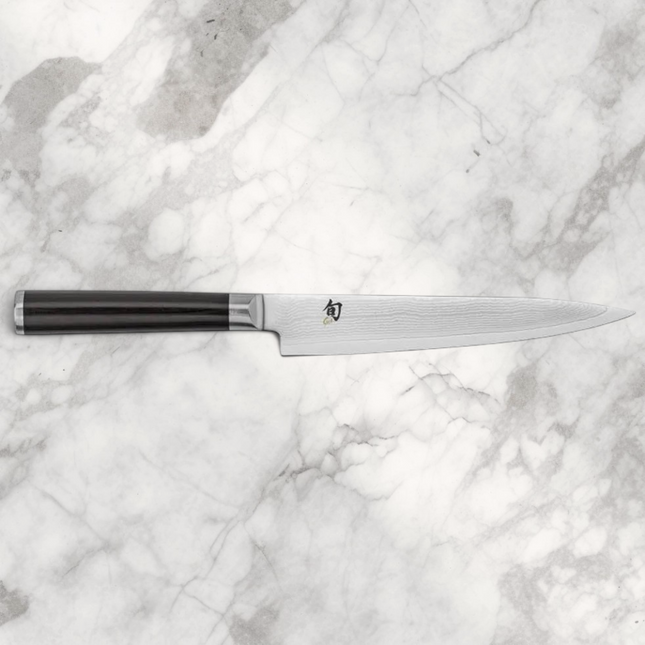 Razor Sharp AZ Shun Classic 6-inch utility knife with Damascus steel blade and black D-shaped PakkaWood handle