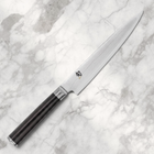 Razor Sharp AZ Shun Classic 6-inch utility knife featuring a Damascus steel blade and a black D-shaped PakkaWood handle.