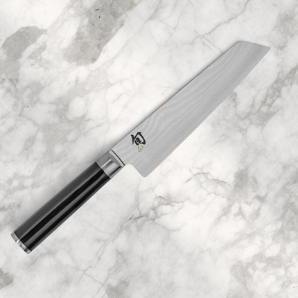 Razor Sharp AZ Shun Classic 6.5-inch master utility knife with Damascus steel blade and black PakkaWood handle.