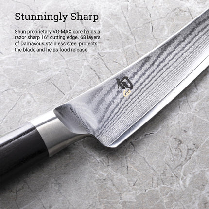 Razor Sharp AZ Shun Classic 6-inch boning and fillet knife featuring a Damascus steel blade and ebony PakkaWood handle