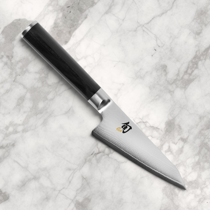 Razor Sharp AZ Shun Classic 4.5-inch Honesuki poultry knife with Damascus steel blade and black PakkaWood handle