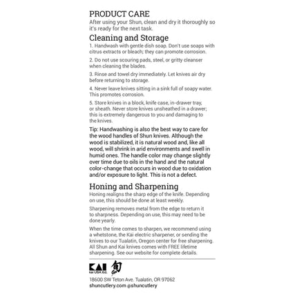 Razor Sharp AZ product care instructions for Shun Classic kitchen knives including cleaning and sharpening tips