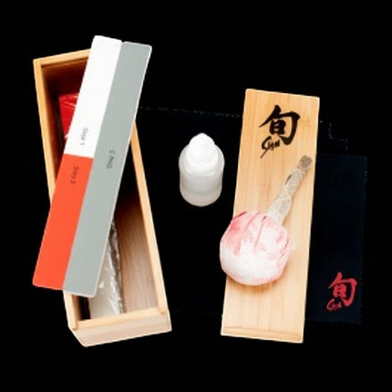 Shun Knife Care Kit with polishing cloths, sticks, oil, talc ball, and bamboo box. Razor Sharp AZ.