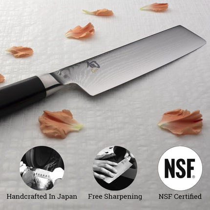 Razor Sharp AZ Shun Classic 6.5-inch Nakiri knife with Damascus steel blade and black PakkaWood handle on white surface