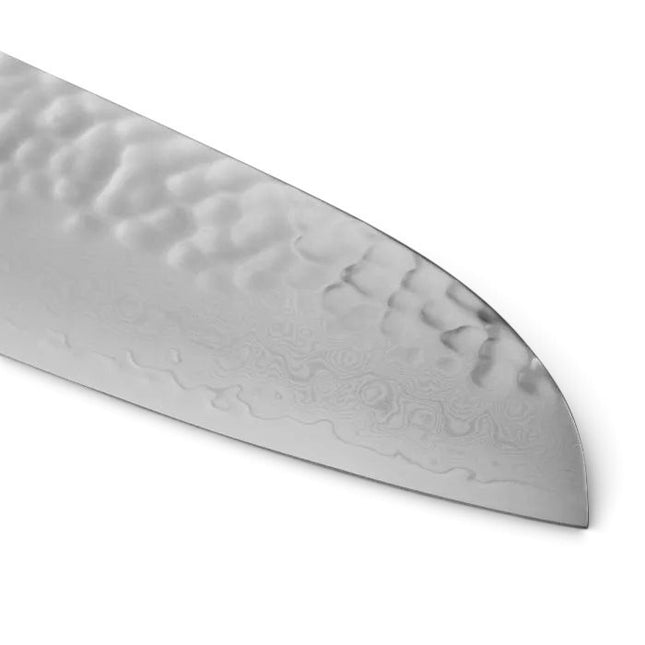 Razor Sharp AZ Shun Premier Blonde 7-inch Santoku knife blade with a hammered tsuchime finish and Damascus steel