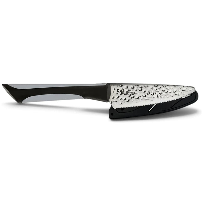 Razor Sharp AZ Shun 4-inch serrated citrus knife with a black soft-grip handle and protective storage sheath