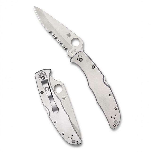 Razor Sharp AZ Spyderco Endura 4 folding knife with a stainless steel handle and serrated Spyderedge blade.