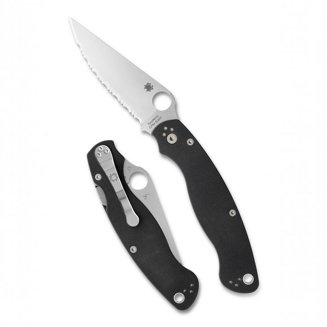 Razor Sharp AZ Spyderco Military 2 folding knife with black G-10 handle, CPM S30V steel, and serrated SpyderEdge blade