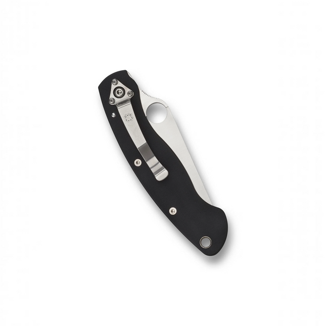 Razor Sharp AZ Spyderco Military Model G-10 folding knife in black with a stainless steel clip and thumb hole.