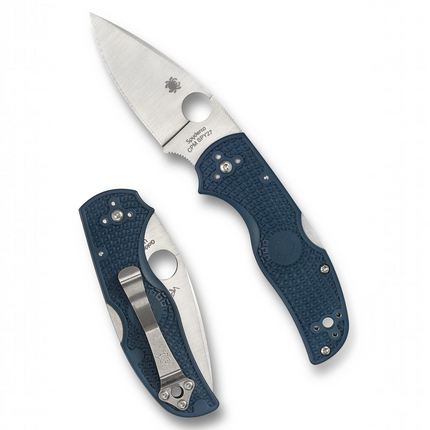Razor Sharp AZ Spyderco Native 5 folding knife with cobalt-blue FRN handle and CPM SPY27 steel blade, shown open and closed.