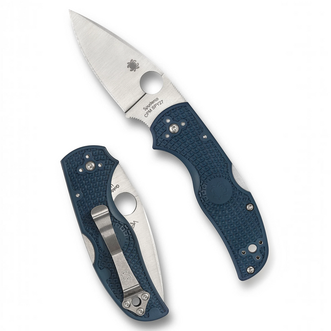 Razor Sharp AZ Spyderco Native 5 folding knife with cobalt-blue FRN handle and CPM SPY27 steel blade, shown open and closed.