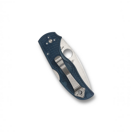 Razor Sharp AZ Spyderco Native 5 folding knife with a cobalt-blue FRN handle and stainless steel pocket clip.