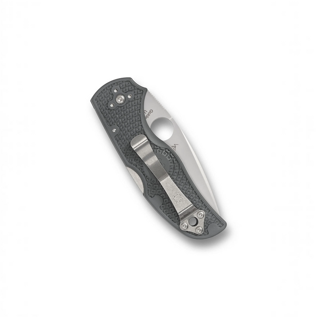 Razor Sharp AZ Spyderco Native 5 folding knife with grey FRN handle, Maxamet steel blade, and pocket clip.