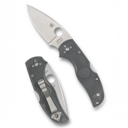 Razor Sharp AZ Spyderco Native 5 folding knife with grey FRN handle and Maxamet steel blade in open and closed views.