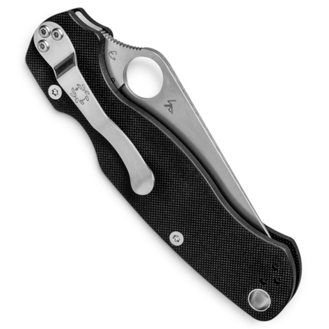 Razor Sharp AZ Spyderco Para Military 2 folding knife with textured black G-10 handle and silver pocket clip