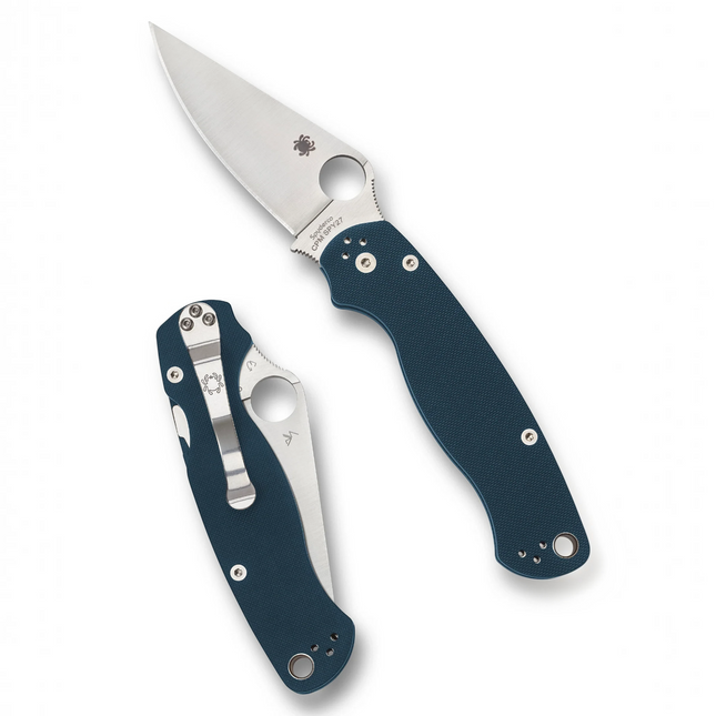 Razor Sharp AZ Spyderco Para Military 2 folding knife with cobalt blue G-10 handle and CPM SPY27 steel blade.
