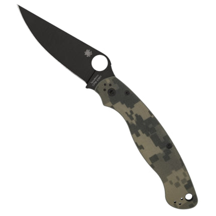 Razor Sharp AZ Spyderco Para Military 2 folding knife with a black CPM S45VN blade and textured camouflage G-10 handle.