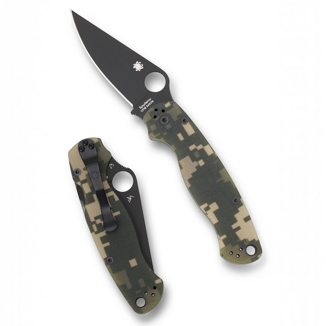 Razor Sharp AZ Spyderco Para Military 2 folding knife with digital camo G-10 handle and black CPM S45VN steel blade.