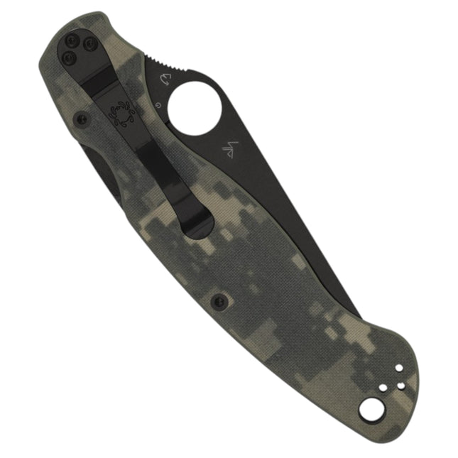 Razor Sharp AZ Spyderco Para Military 2 folding knife with a black blade and textured camouflage G-10 handle.
