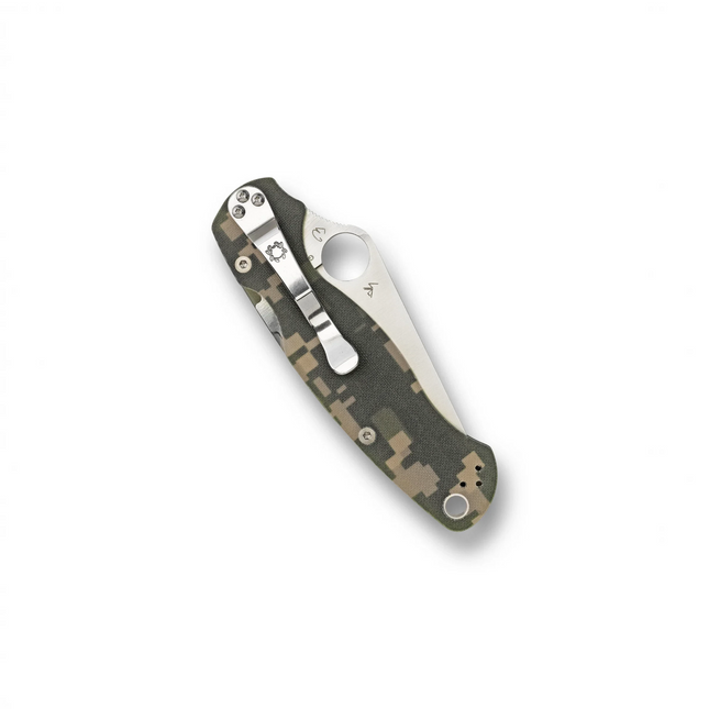Razor Sharp AZ Spyderco Para Military 2 folding knife with camouflage G-10 handle scales and silver pocket clip