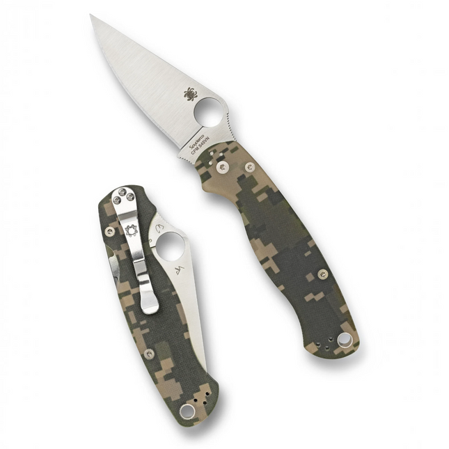 Razor Sharp AZ Spyderco Para Military 2 folding knife with camo G-10 scales and CPM S45VN steel blade