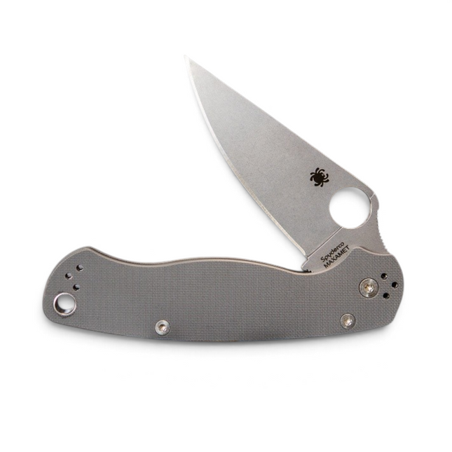 Razor Sharp AZ Spyderco Para Military 2 folding knife with dark gray G-10 handle and Maxamet steel blade.
