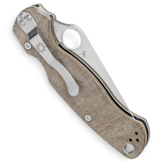 Razor Sharp AZ Spyderco Para Military 2 folding knife with brown canvas Micarta scales and steel pocket clip