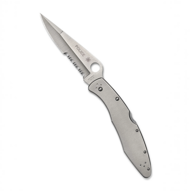 Razor Sharp AZ vintage Spyderco Police stainless steel folding knife with a serrated combo edge blade