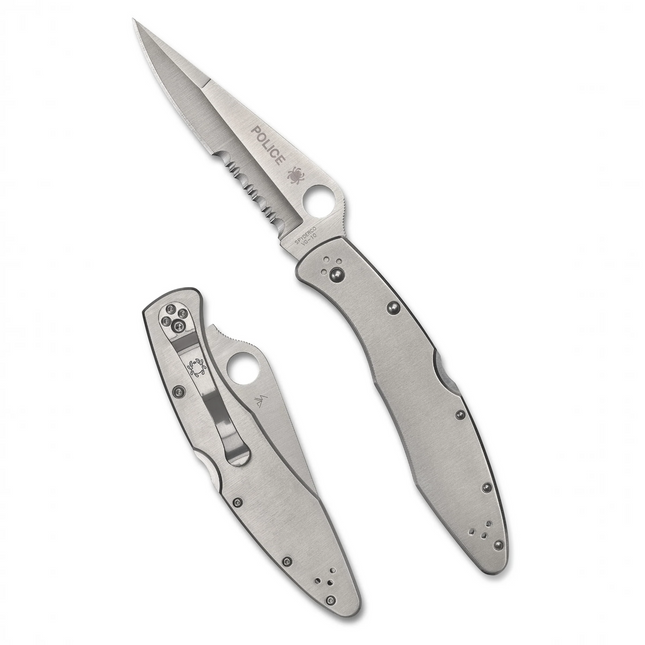 Razor Sharp AZ vintage Spyderco Police stainless steel folding knife with a combo edge blade and screwless handle