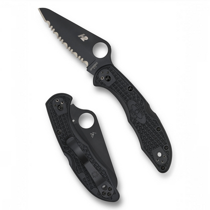 Razor Sharp AZ Spyderco Salt 2 folding knife with black serrated H-2 steel blade and textured black FRN handle.