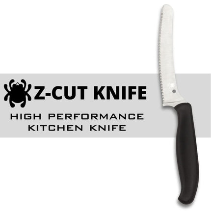 Razor Sharp AZ Spyderco Z-Cut kitchen knife with a black handle, serrated CTS BD1N steel blade, and blunt tip.