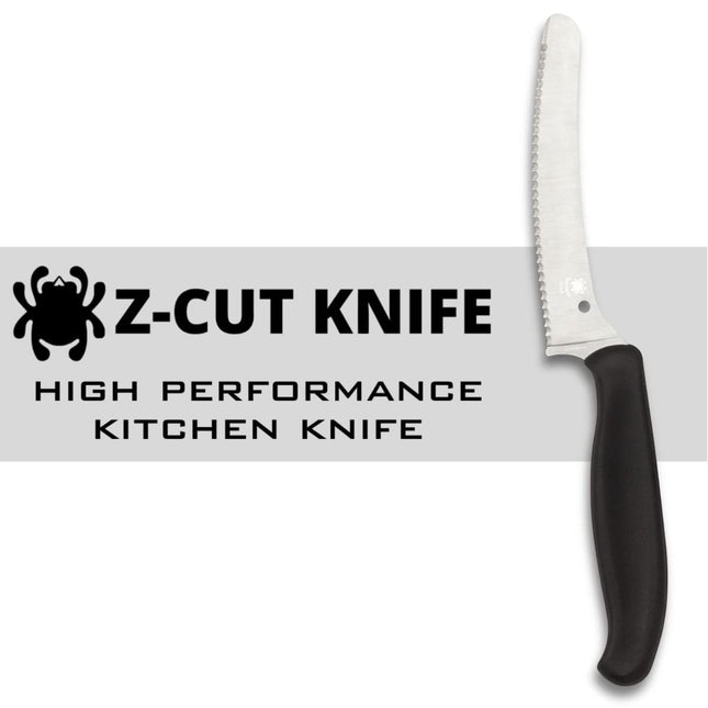 Razor Sharp AZ Spyderco Z-Cut kitchen knife with a black handle, serrated CTS BD1N steel blade, and blunt tip.