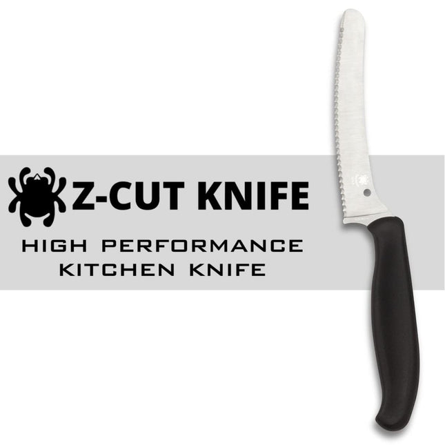 Razor Sharp AZ Spyderco Z-Cut kitchen knife with a black handle, serrated CTS BD1N steel blade, and blunt tip.